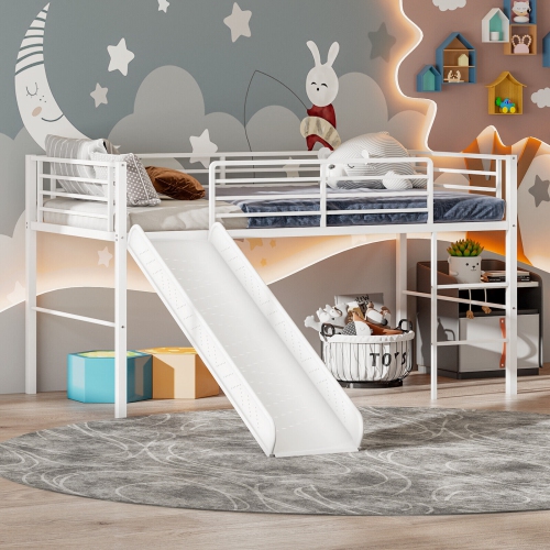 Metal Bunk Loft Bed with Slide, Ladder, and Safety Guard Rails for Children