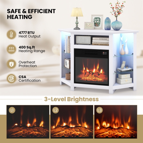 Meuble en coin avec foyer pour téléviseur de 50 po avec éclairage LED et commande intelligente PAR APPLICATION - Blanc