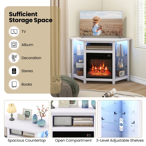 Meuble en coin avec foyer pour téléviseur de 50 po avec éclairage LED et commande intelligente PAR APPLICATION - Blanc