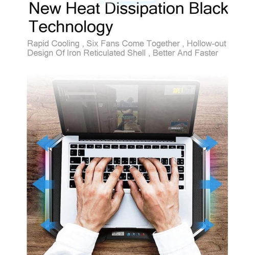 Gaming Laptop Cooler with Six Fans, LED Screen, Dual-Port RGB Lighting, Cooling Pad, Laptop Stand for 12-17 Inch Laptops