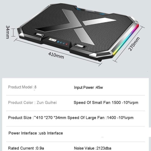 Gaming Laptop Cooler with Six Fans, LED Screen, Dual-Port RGB Lighting, Cooling Pad, Laptop Stand for 12-17 Inch Laptops