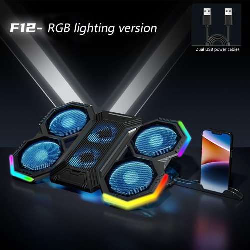 RGB Laptop Cooling Pad, 12"-17" Gaming Laptop Cooling Pad with 6 Quiet Fans and 2 USB 2.0 Ports, Adjustable Stand Height Angle