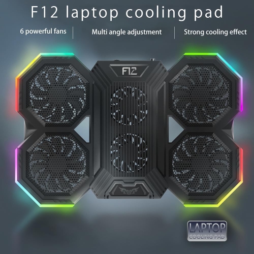 RGB Laptop Cooling Pad, 12"-17" Gaming Laptop Cooling Pad with 6 Quiet Fans and 2 USB 2.0 Ports, Adjustable Stand Height Angle