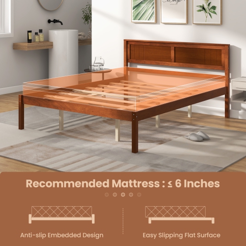 Sturdy Bed Frame with Wood Headboard and Slatted Foundation