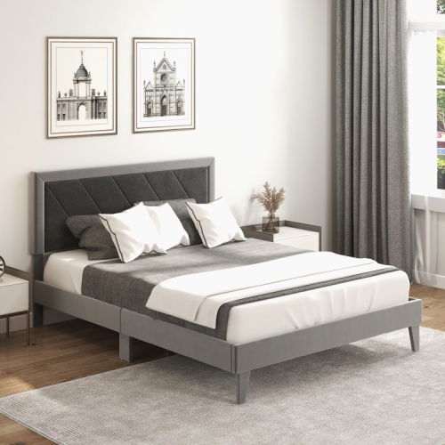 Platform Bed Frame with Tall Headboard and Durable Wooden Slats