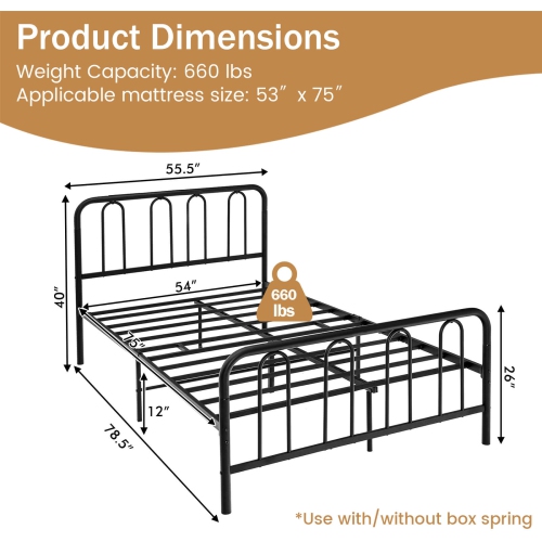 Sturdy Metal Bed Frame with Headboard and Footboard for Bedroom
