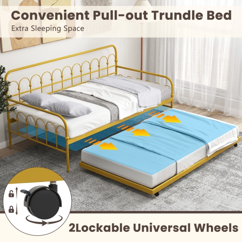 Metal Daybed with Trundle Bed and Lockable Wheels for Guest Room