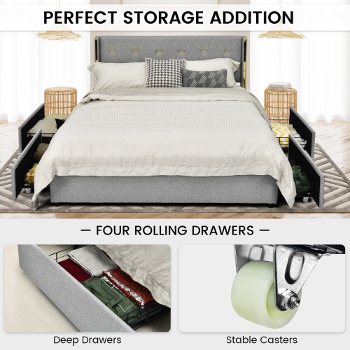 Upholstered Bed Frame with 4 Storage Drawers and Padded Headboard