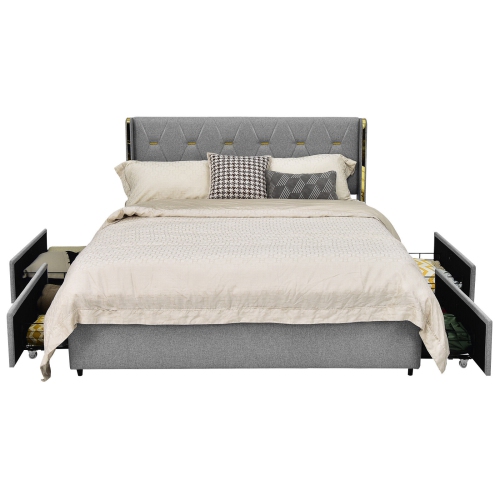 Upholstered Bed Frame with 4 Storage Drawers and Padded Headboard