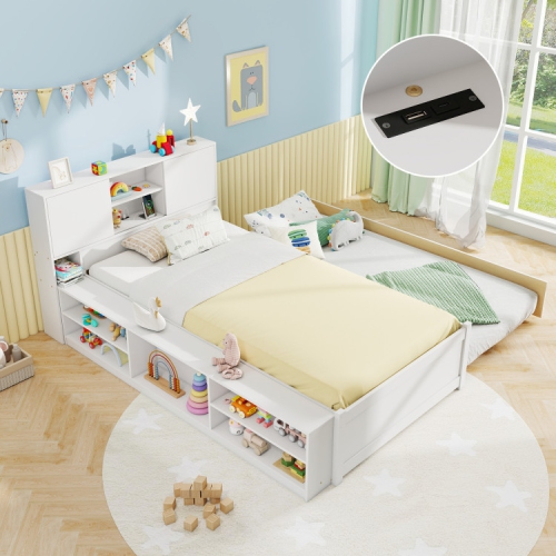 Space Saving Bed Frame with Trundle Bed and Convenient Power Outlets