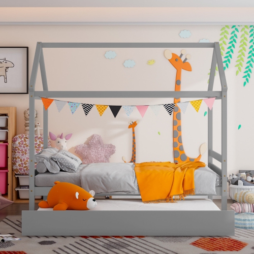 Kids Platform Bed Frame with Roof Design for Bedroom or Playroom