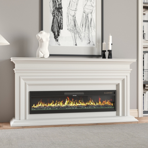 Famapy 46-Inch Electric Fireplace with Adjustable Heat & 12-Color LED Lighting – Modern Black Design with Crystal Stones & Log Insert,,Black