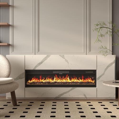 Famapy 46-Inch Electric Fireplace with Adjustable Heat & 12-Color LED Lighting – Modern Black Design with Crystal Stones & Log Insert,,Black