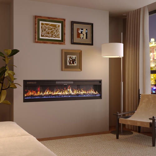 Famapy 46-Inch Electric Fireplace with Adjustable Heat & 12-Color LED Lighting – Modern Black Design with Crystal Stones & Log Insert,,Black