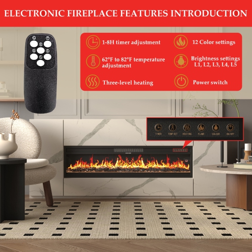 Famapy 46-Inch Electric Fireplace with Adjustable Heat & 12-Color LED Lighting – Modern Black Design with Crystal Stones & Log Insert,,Black