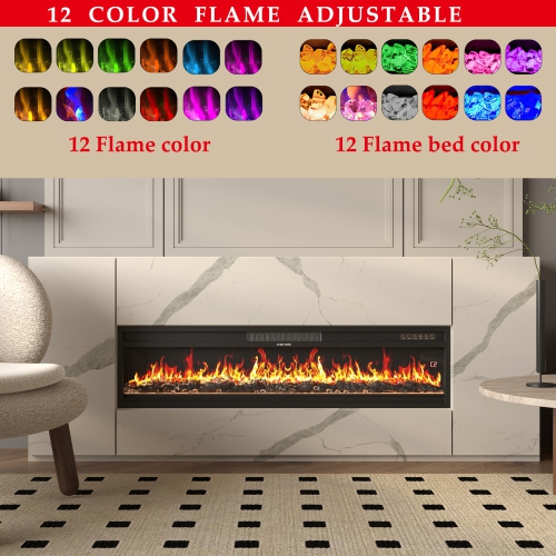 Famapy 46-Inch Electric Fireplace with Adjustable Heat & 12-Color LED Lighting – Modern Black Design with Crystal Stones & Log Insert,,Black