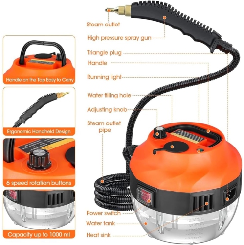 Nettoyeur à vapeur portatif 1500 W, nettoyeur à vapeur haute pression, 6 vitesses Ajustement, réservoir d'eau de 1000 ml, adapté pour la