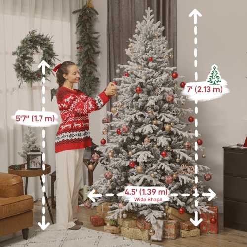 HOMCOM 7ft Artificial Flocked Christmas Tree, Full Snow Pine Tree Holiday Decor, Hinged Xmas Tree with Realistic Tips, Metal Stand, Easy Assembly