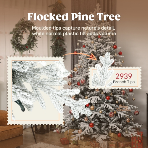 HOMCOM 7ft Artificial Flocked Christmas Tree, Full Snow Pine Tree Holiday Decor, Hinged Xmas Tree with Realistic Tips, Metal Stand, Easy Assembly
