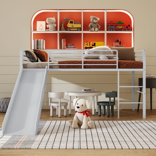 Metal Bunk Loft Bed with Slide, Ladder, and Safety Guard Rails for Children