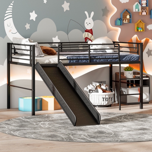 Metal Bunk Loft Bed with Slide, Ladder, and Safety Guard Rails for Children
