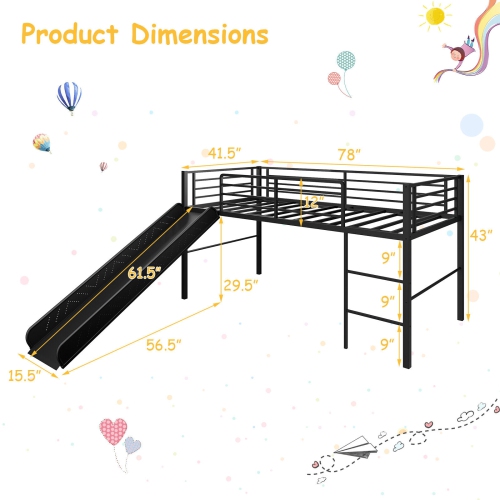 Metal Bunk Loft Bed with Slide, Ladder, and Safety Guard Rails for Children
