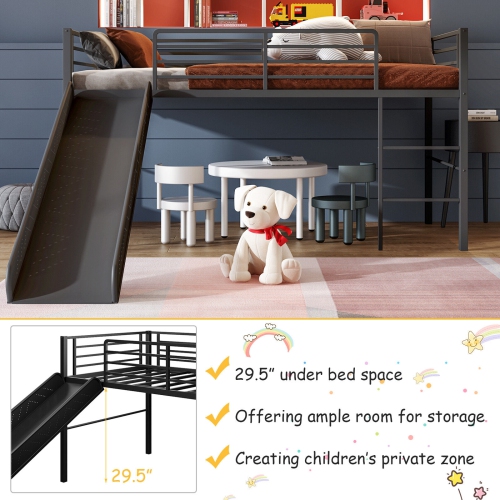 Metal Bunk Loft Bed with Slide, Ladder, and Safety Guard Rails for Children