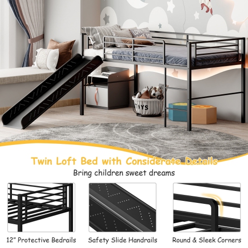 Metal Bunk Loft Bed with Slide, Ladder, and Safety Guard Rails for Children