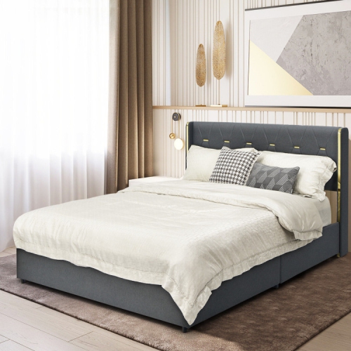 Upholstered Bed Frame with 4 Storage Drawers and Padded Headboard