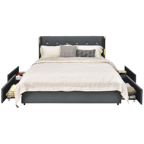 Upholstered Bed Frame with 4 Storage Drawers and Padded Headboard