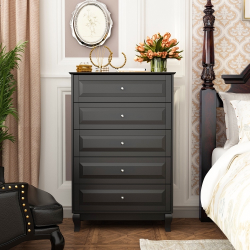 Famapy Modern Black 5-Drawer Dresser with Golden Handles & Solid Wooden Legs – Versatile Storage Solution for Bedroom, Office, or Living Room,,Black