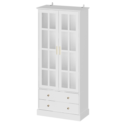 Famapy Modern White Bookcase with Glass Doors, Adjustable Shelves – Stylish Storage and Display Cabinet for Living Room, Office, or Kitchen,,White