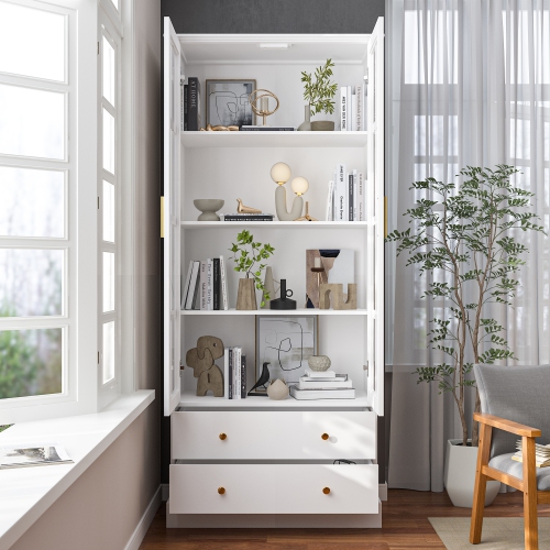 Famapy Modern White Bookcase with Glass Doors, Adjustable Shelves – Stylish Storage and Display Cabinet for Living Room, Office, or Kitchen,,White