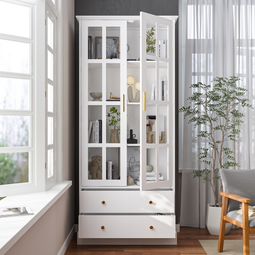 Famapy Modern White Bookcase with Glass Doors, Adjustable Shelves – Stylish Storage and Display Cabinet for Living Room, Office, or Kitchen,,White