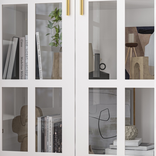 Famapy Modern White Bookcase with Glass Doors, Adjustable Shelves – Stylish Storage and Display Cabinet for Living Room, Office, or Kitchen,,White