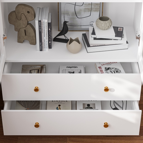 Famapy Modern White Bookcase with Glass Doors, Adjustable Shelves – Stylish Storage and Display Cabinet for Living Room, Office, or Kitchen,,White