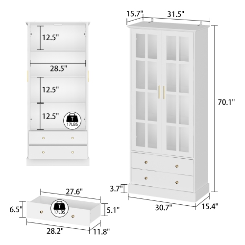 Famapy Modern White Bookcase with Glass Doors, Adjustable Shelves – Stylish Storage and Display Cabinet for Living Room, Office, or Kitchen,,White