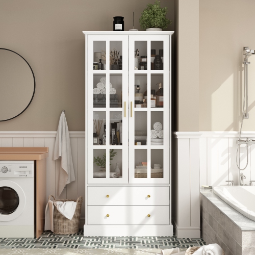 Famapy Modern White Bathroom Cabinet with Glass Doors, Gold Handles & Adjustable Shelves – Stylish Storage and Display Solution for Bathrooms,,White