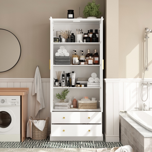 Famapy Modern White Bathroom Cabinet with Glass Doors, Gold Handles & Adjustable Shelves – Stylish Storage and Display Solution for Bathrooms,,White