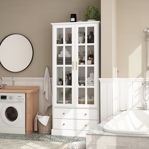 Famapy Modern White Bathroom Cabinet with Glass Doors, Gold Handles & Adjustable Shelves – Stylish Storage and Display Solution for Bathrooms,,White