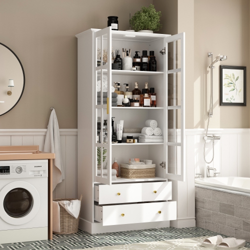 Famapy Modern White Bathroom Cabinet with Glass Doors, Gold Handles & Adjustable Shelves – Stylish Storage and Display Solution for Bathrooms,,White