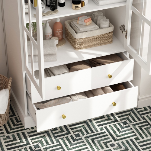 Famapy Modern White Bathroom Cabinet with Glass Doors, Gold Handles & Adjustable Shelves – Stylish Storage and Display Solution for Bathrooms,,White