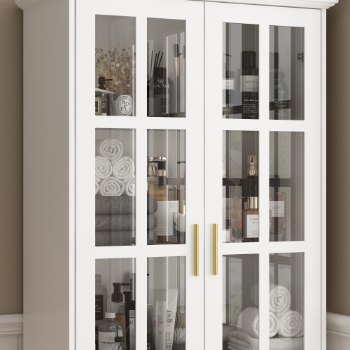Famapy Modern White Bathroom Cabinet with Glass Doors, Gold Handles & Adjustable Shelves – Stylish Storage and Display Solution for Bathrooms,,White