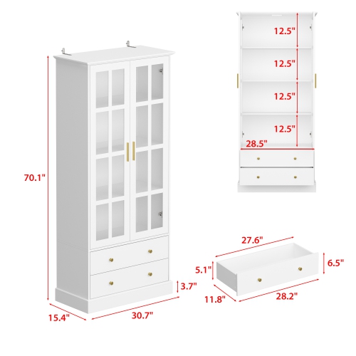 Famapy Modern White Bathroom Cabinet with Glass Doors, Gold Handles & Adjustable Shelves – Stylish Storage and Display Solution for Bathrooms,,White
