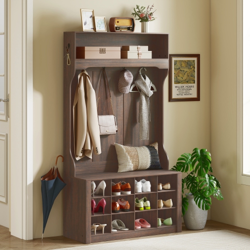Portemanteau 4-en-1 de HOMCOM avec banc et rangement pour chaussures, banc de portemanteau d'entrée avec 12 compartiments pour chaussures, 6 crochets