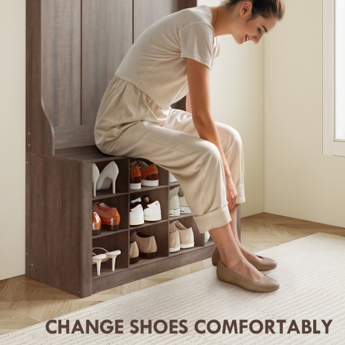 Portemanteau 4-en-1 de HOMCOM avec banc et rangement pour chaussures, banc de portemanteau d'entrée avec 12 compartiments pour chaussures, 6 crochets