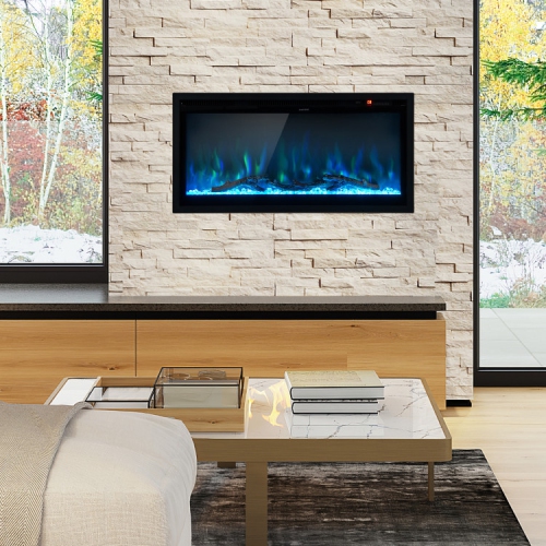 Modern Recessed Electric Fireplace with Remote Control and Custom Flame Settings