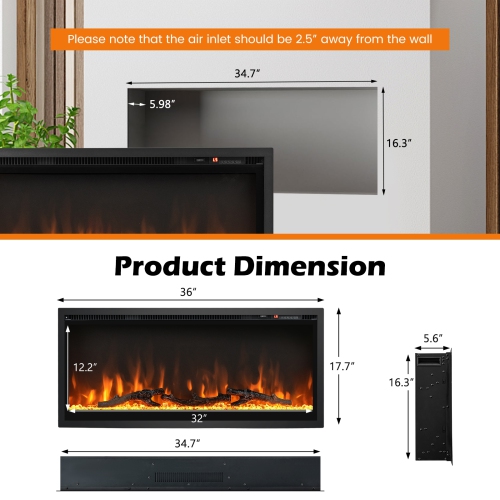 Modern Recessed Electric Fireplace with Remote Control and Custom Flame Settings