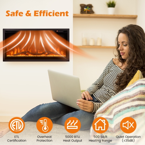 Modern Recessed Electric Fireplace with Remote Control and Custom Flame Settings