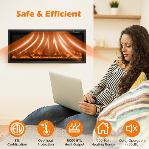 Foyer électrique encastré mural avec télécommande et affichage à flamme réglable